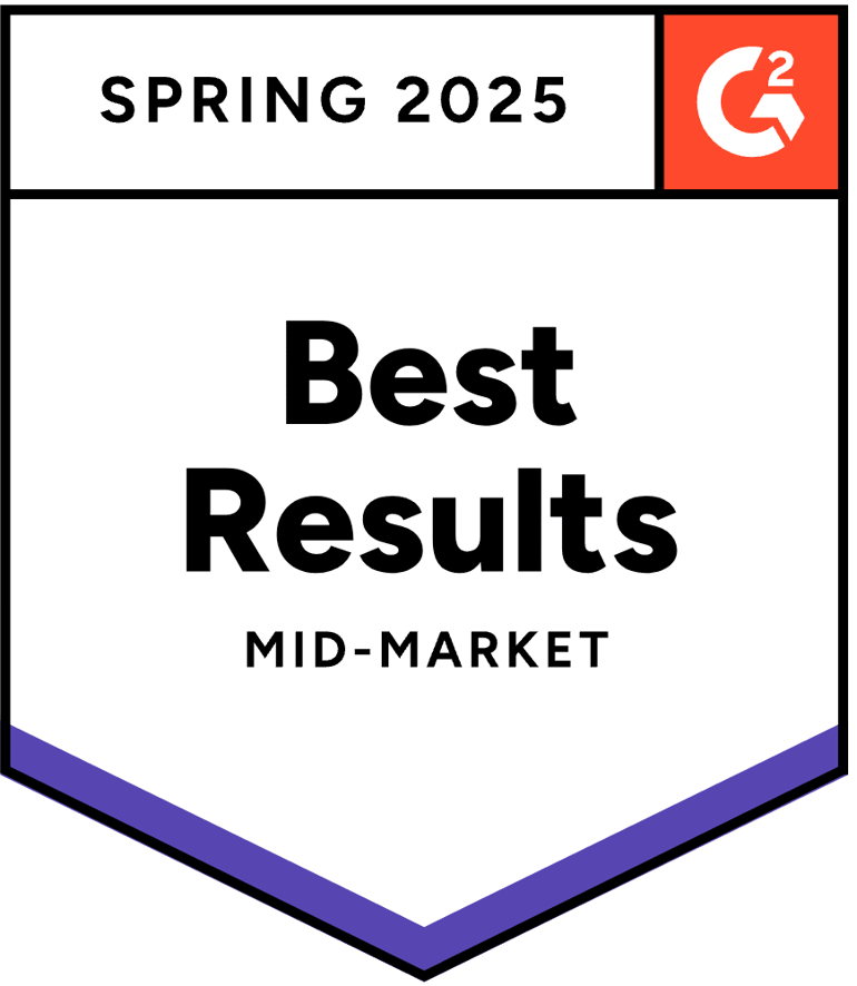 G2バッジ：Best Results, Mid-Market, Summer 2023