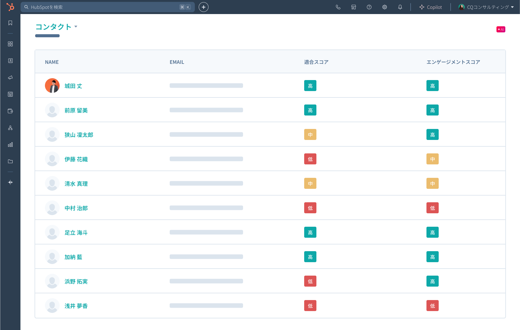 HubSpotのリードスコアリング：適合スコアやエンゲージメントスコアといったスコアタイプが表示された画面